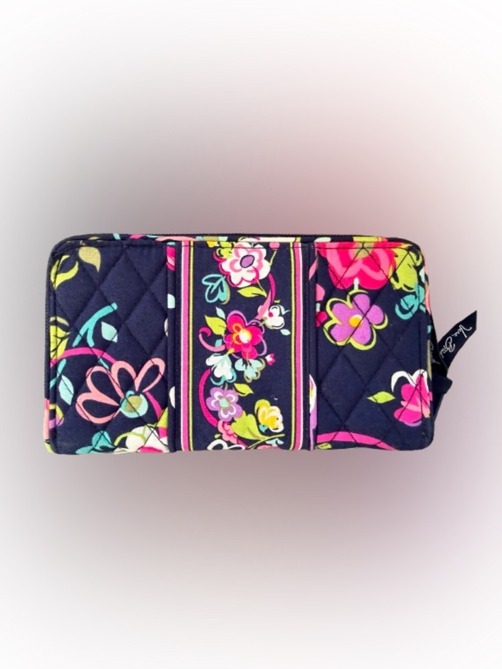 Vera Bradley Ribbons Accordion Wallet Navy Floral Zip Around Organizer Retired